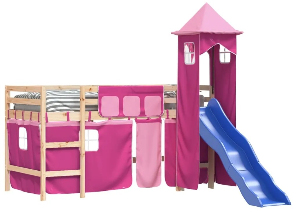 Letto a soppalco con torre bambini rosa 80x200cm massello pino