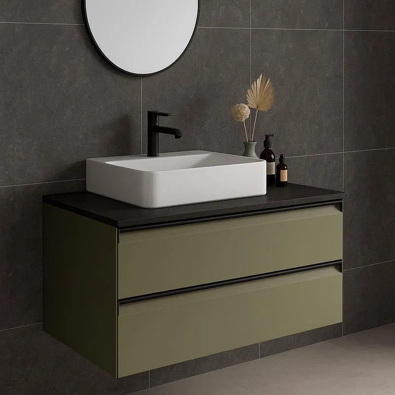 Mobile da bagno sospeso sotto lavabo L 99.5 x H 40 x P 45.5 cm verde salvia laccato opaco, 2 cassetti Fusion