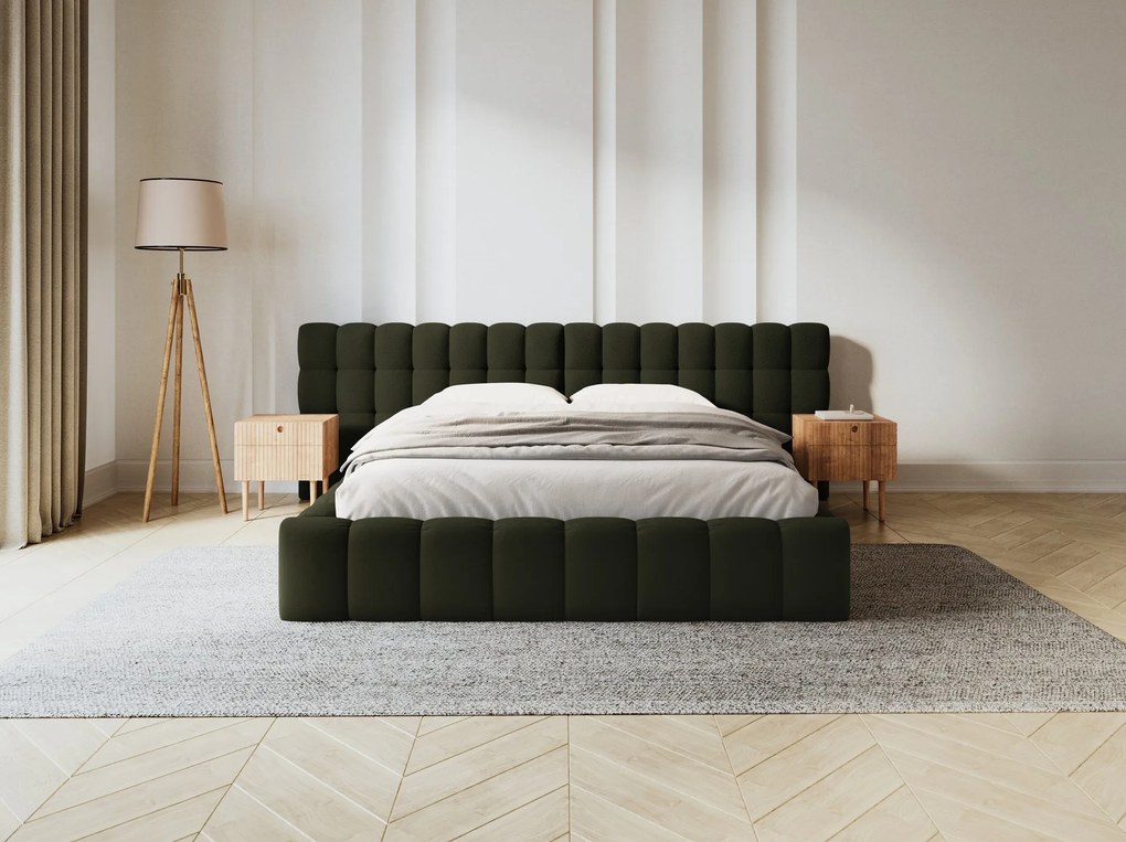 Letto matrimoniale Mamaia in tessuto strutturato Neve con contenitore e testiera doppia - 140x200 cm