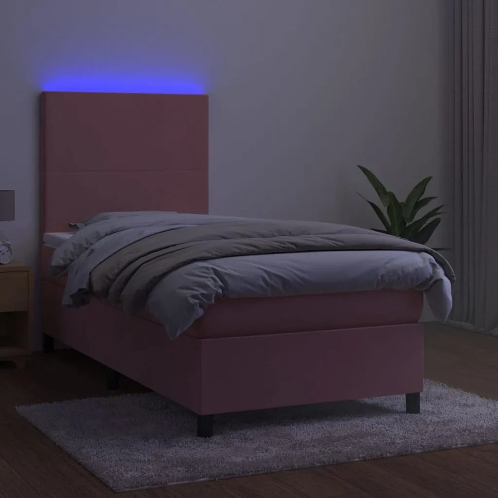 Letto a molle con materasso e led rosa 80x200 cm in velluto