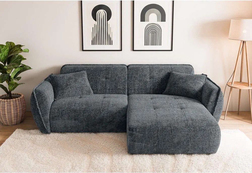 Divano angolare grigio scuro (con penisola a destra/con chaise lounge) con rivestimento in ciniglia Nelia – Ropez