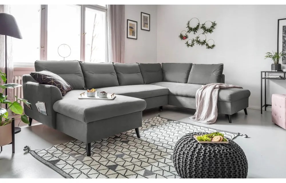 Divano letto a U in velluto grigio chiaro, angolo destro Stylish Stan - Miuform