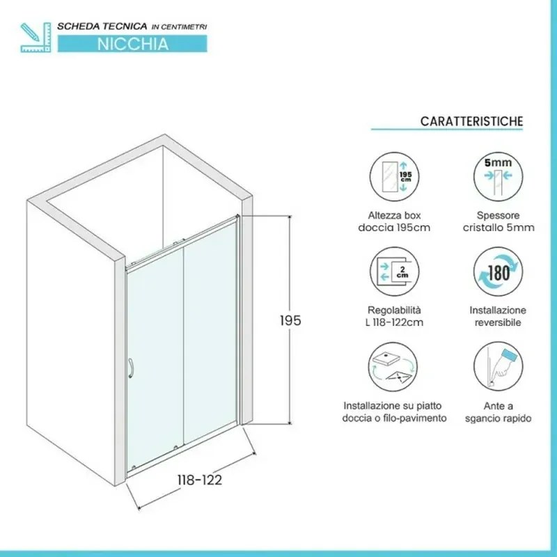 Porta doccia nicchia 120cm in vetro temperato trasparente scorrevole con profilo bianco Tay