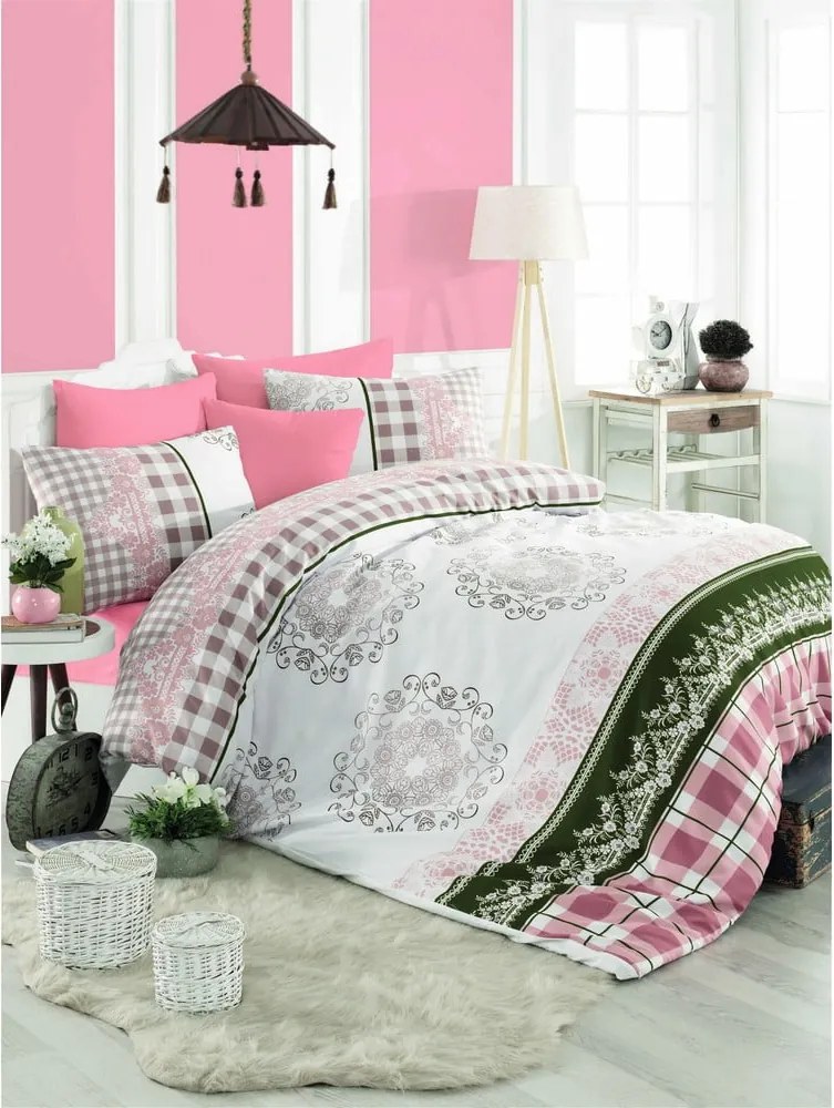 Set copripiumino e federa bianco/rosa in cotone renforcé per letto singolo 140x200 cm Nazenin – Mijolnir