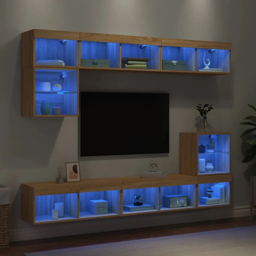 Mobili tv a muro con led 8pz rovere sonoma legno multistrato