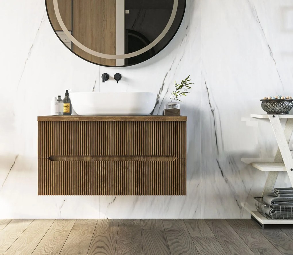 Mobile bagno noce chiaro 70x46 cannettati Urbino con ciotola da appoggio quadra in ceramica e due cassetti