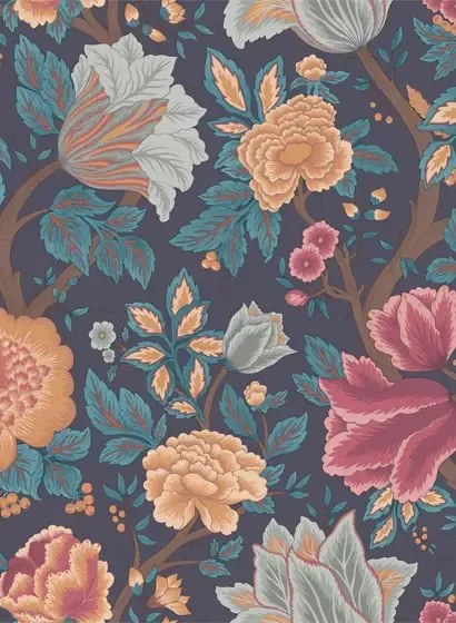 Cole & Son Carta da parati MIdsommer Bloom - Orange, Rose & Petrol on Ink