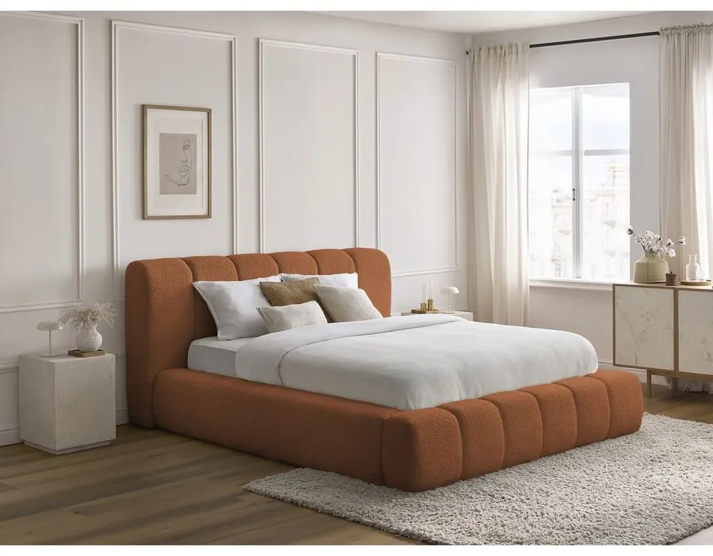 Letto matrimoniale imbottito arancione contenitore e rete inclusi 180x200 cm Denali - Bobochic Paris