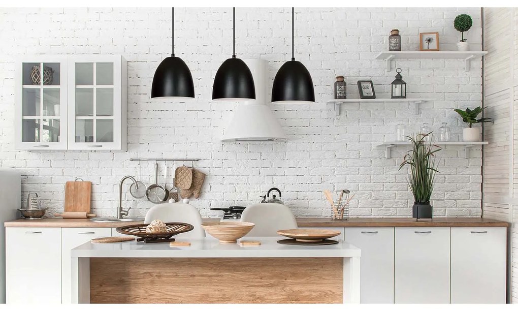 Lampadario 3 Luci Reartù In Acciaio Nero Con Cupole In Nero E Bianco
