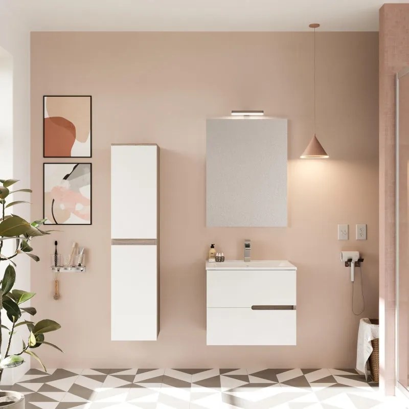 Mobile bagno con lavabo e illuminazione L 60 x H 53 x P 46.5 cm frontale bianco/laterali rovere fumo 2 cassetti per vasca centrale Eva