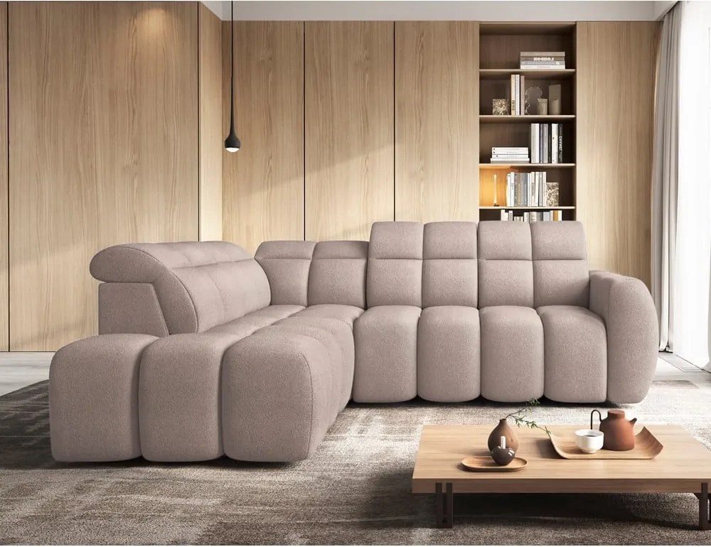 Divano angolare marrone chiaro allungabile/con contenitore (con penisola a sinistra/a L) e rivestimento in bouclé Falconn – ELTAP