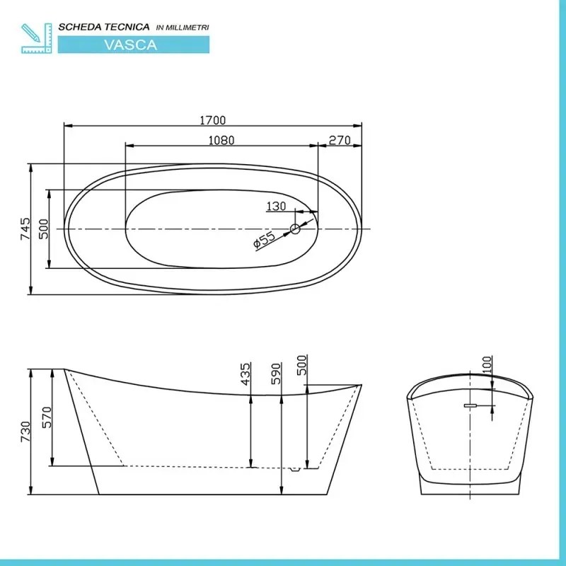 Vasca da bagno freestanding moderna 170x74,5 con Piedini interni regolabili Monique