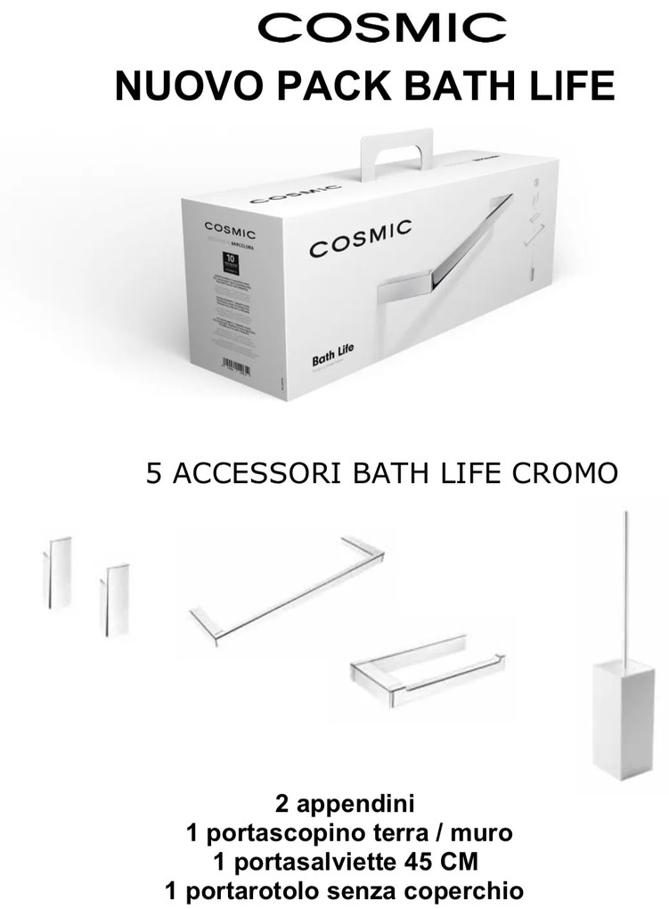 Cosmic Bathlife Set Accessori bagno Portarotolo Portasalviette Portascopino terra o muro 2 appendini cromo lucido