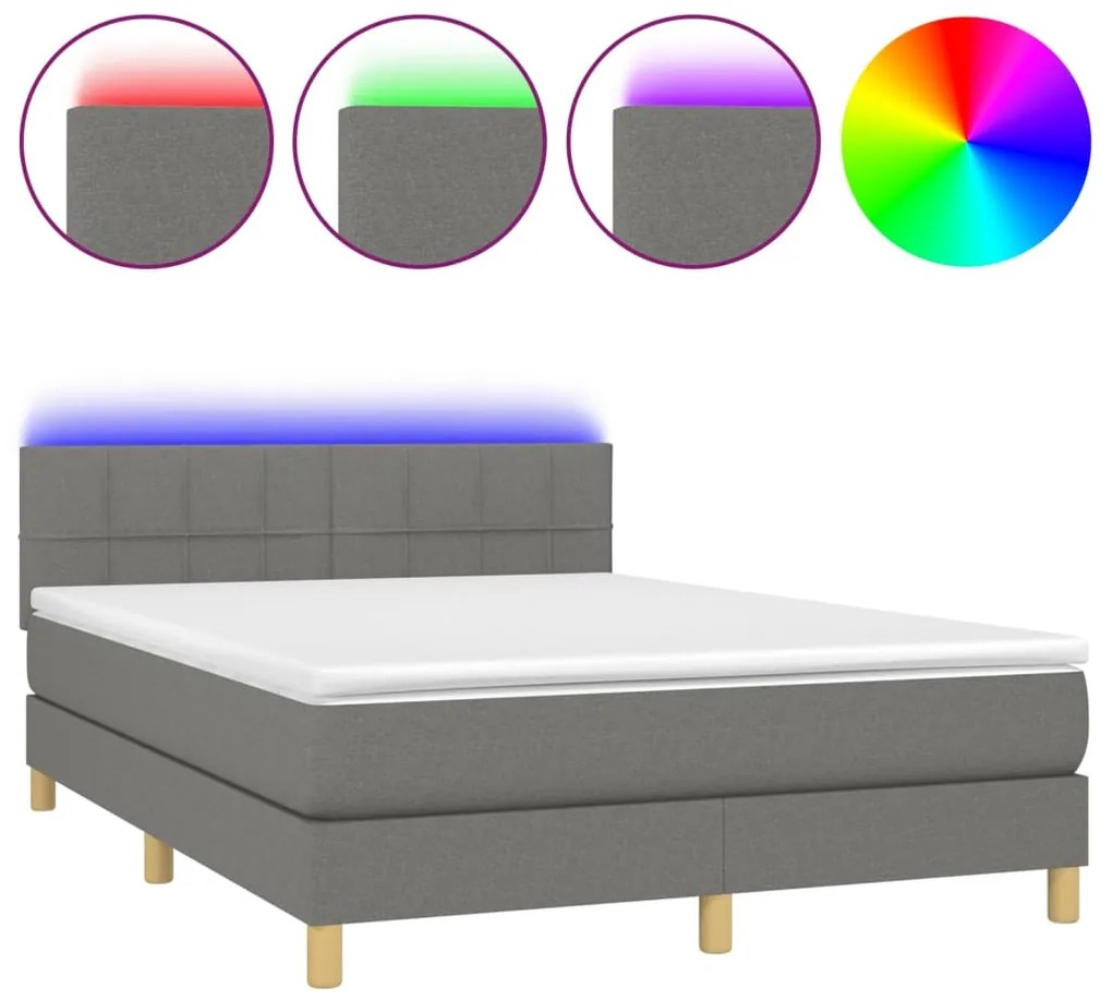 Letto a Molle Materasso e LED Grigio Scuro 140x200cm in Tessuto