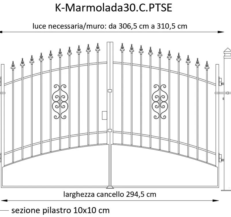Cancello manuale con serratura elettrica Marmolada in ferro, apertura centrale, L 308.5, H 165-195 cm, di colore ruggine