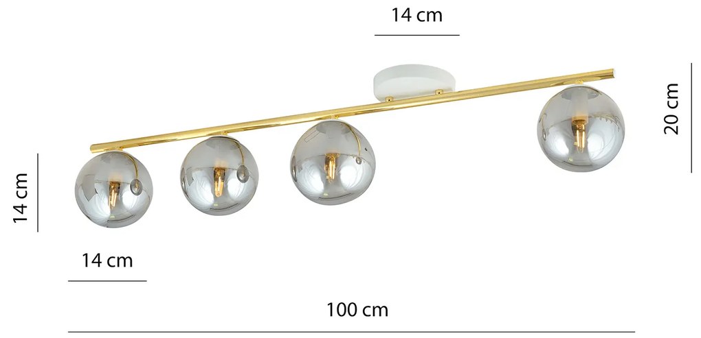 Plafoniera Contemporanea 4 Luci Achille In Acciaio Oro Bianco E Sfere Vetro Fumè
