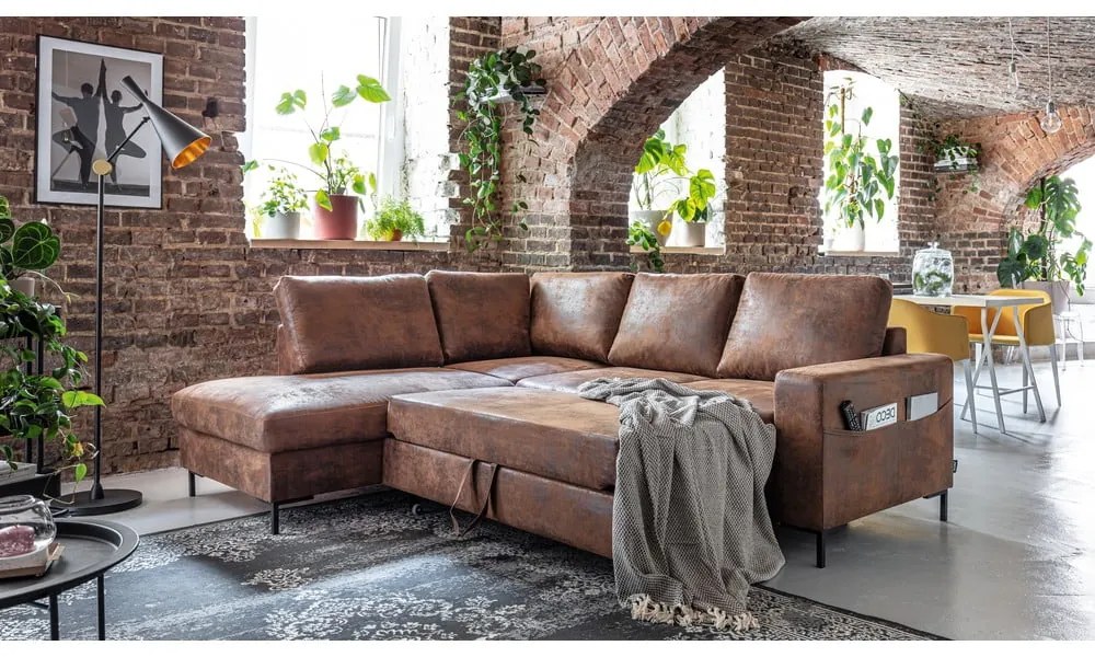 Divano letto angolare in similpelle marrone (angolo sinistro) Lofty Lilly - Miuform