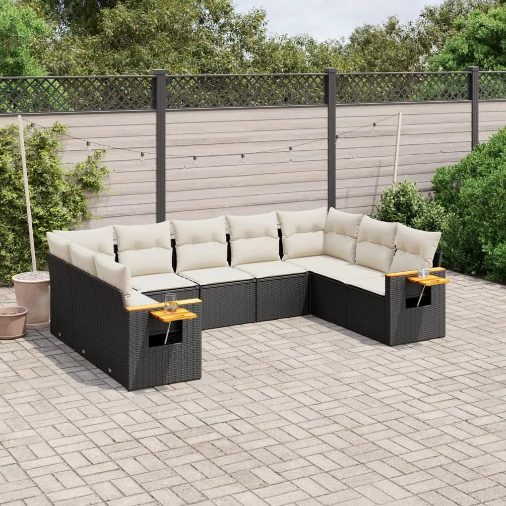 Set divani da giardino 9 pz con cuscini nero in polyrattan