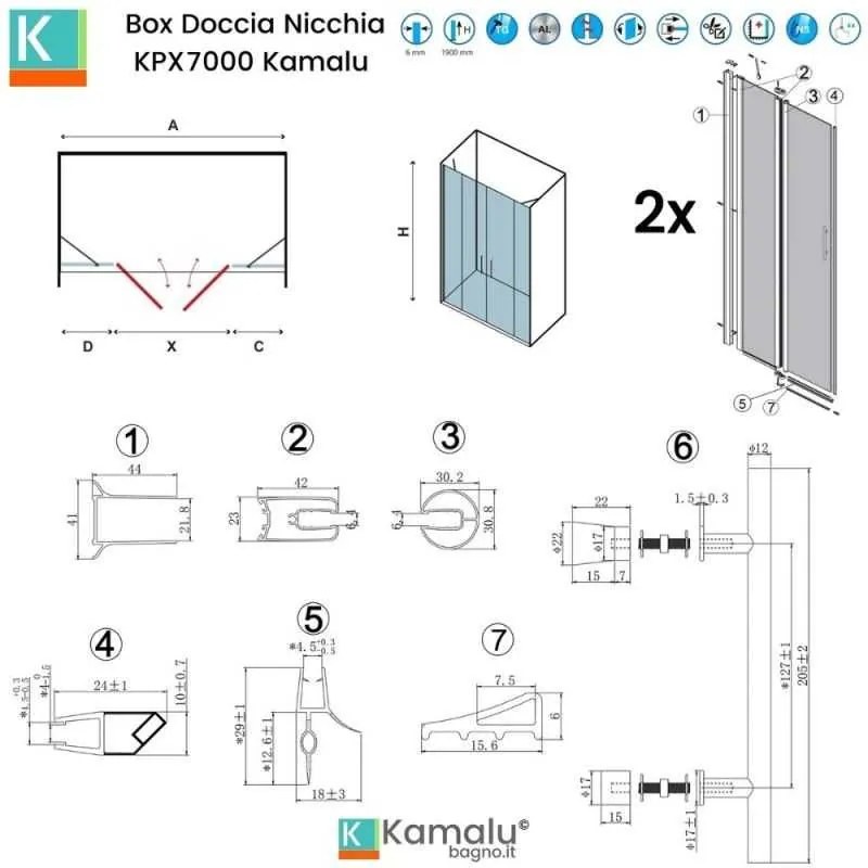 Kamalu - Porta doccia 180 cm colore nero doppio battente e ante fisse | KPX7000N