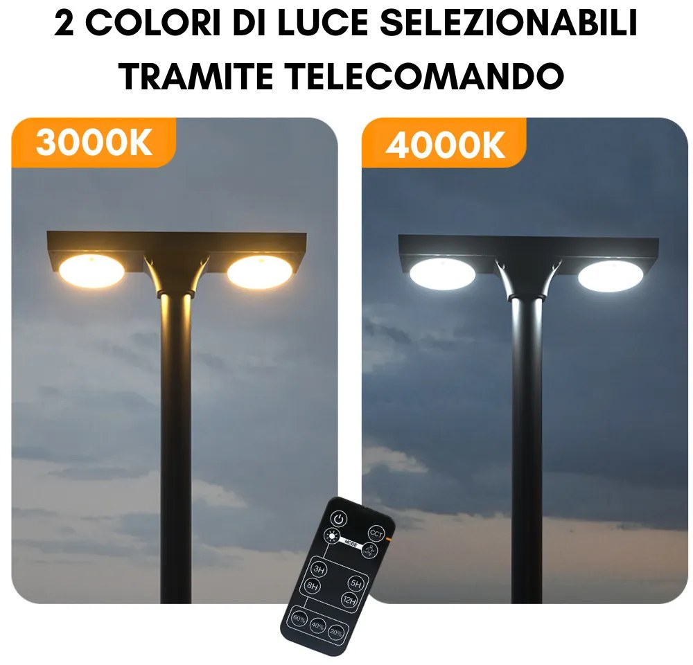 Lampione ad Energia Solare 4800 Lumen Doppia Fonte Luminosa