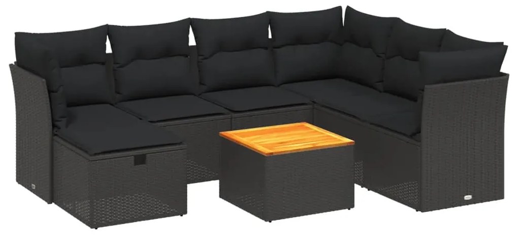 Set divani da giardino con cuscini 8 pz nero in polyrattan