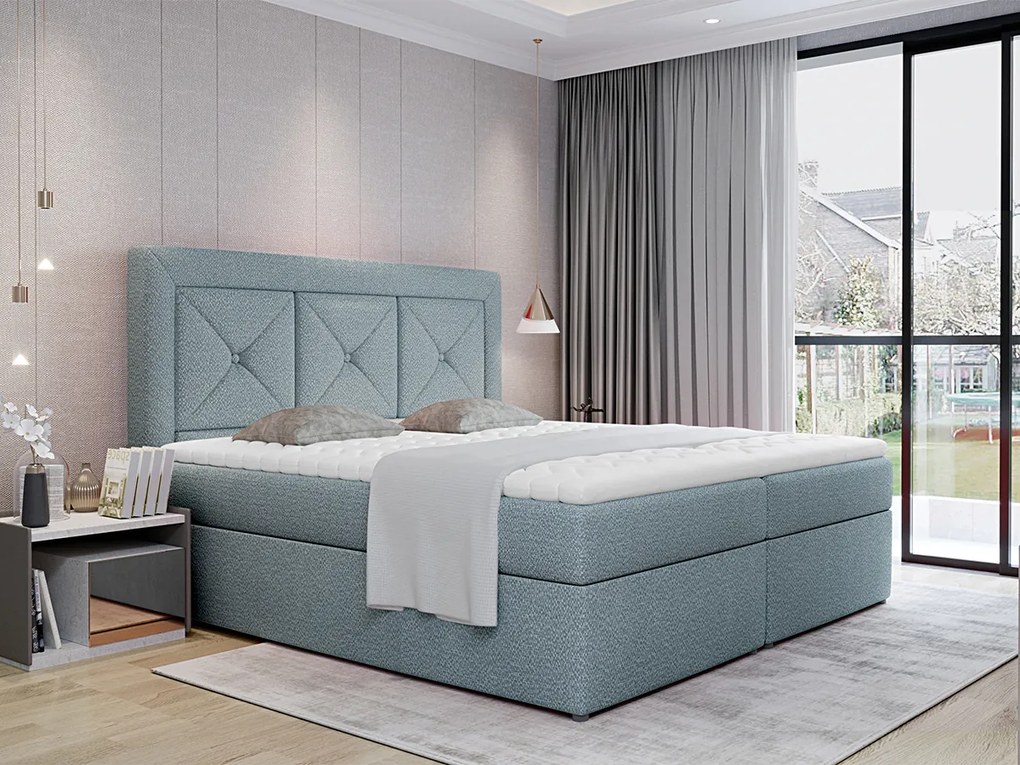 Letto matrimoniale boxspring Galizia - 160 x 200 cm , Tessuto azzurro