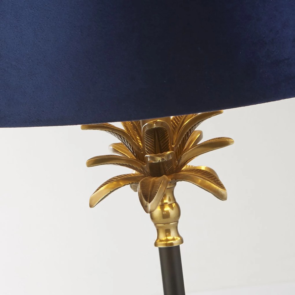 Lampada Da Scrivania Palma Metallo Nichel Velluto Blu 1 Luce E27