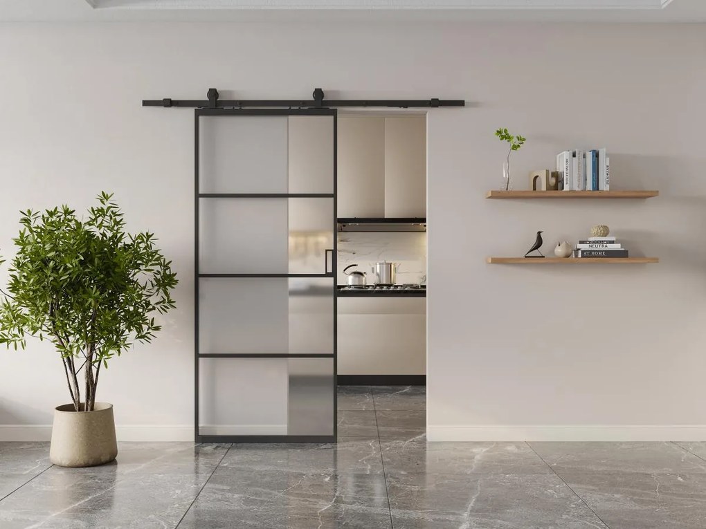 Porta scorrevole esterno muro H205 x L83 cm Alluminio e Vetro temperato smerigliato - SINCA II