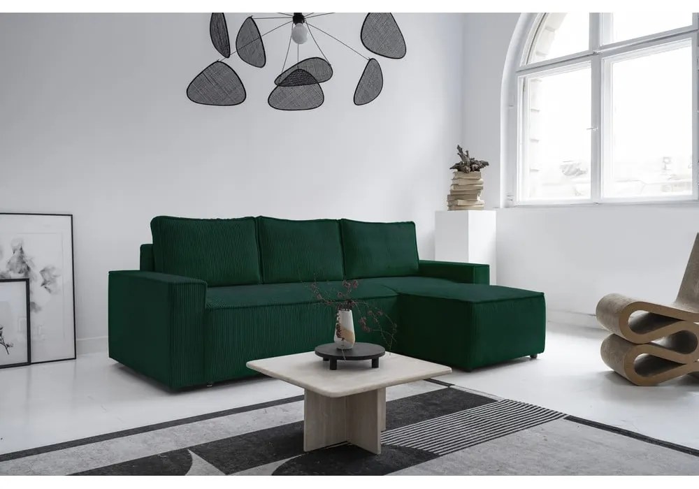 Divano letto angolare in velluto a coste verde scuro Brave Dave - Miuform