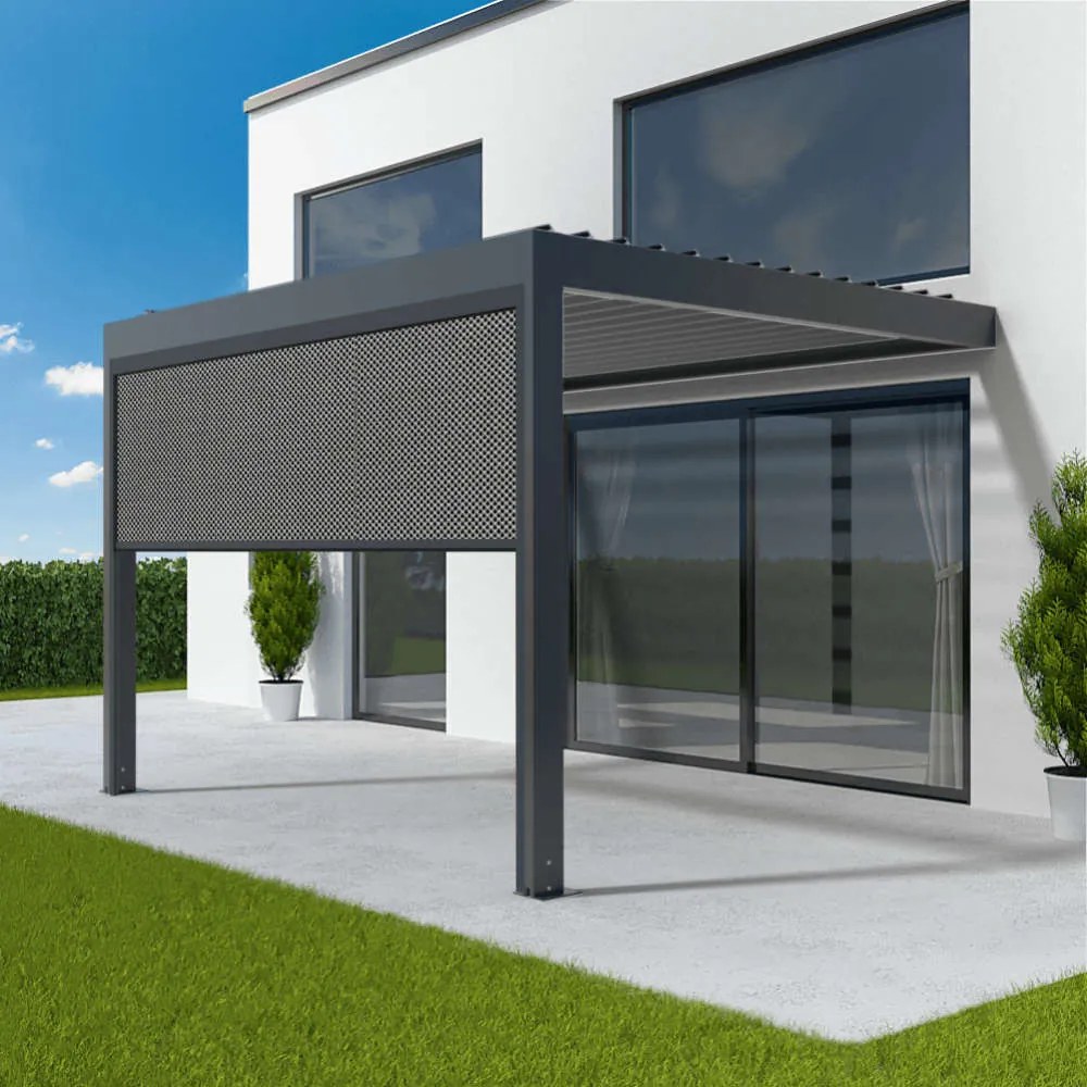 Pergola con tenda a rullo laterale, tenda avvolgibile manuale, pergola bioclimatica addossata, grigio antracite RAL 7016, alluminio, 1000x1600 mm