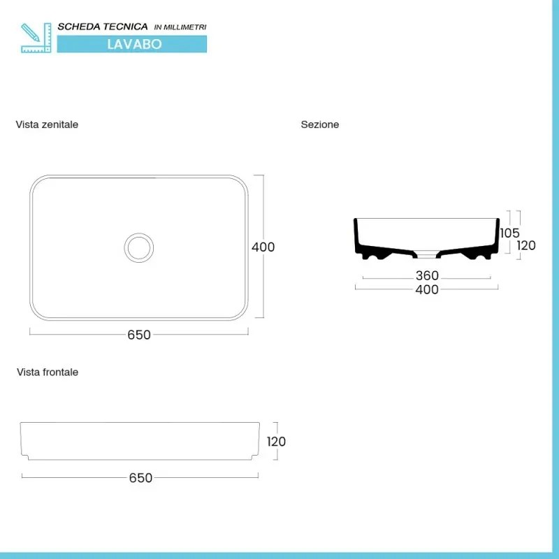 Lavabo da appoggio rettangolare 65 in ceramica bianco lucido Epsilon