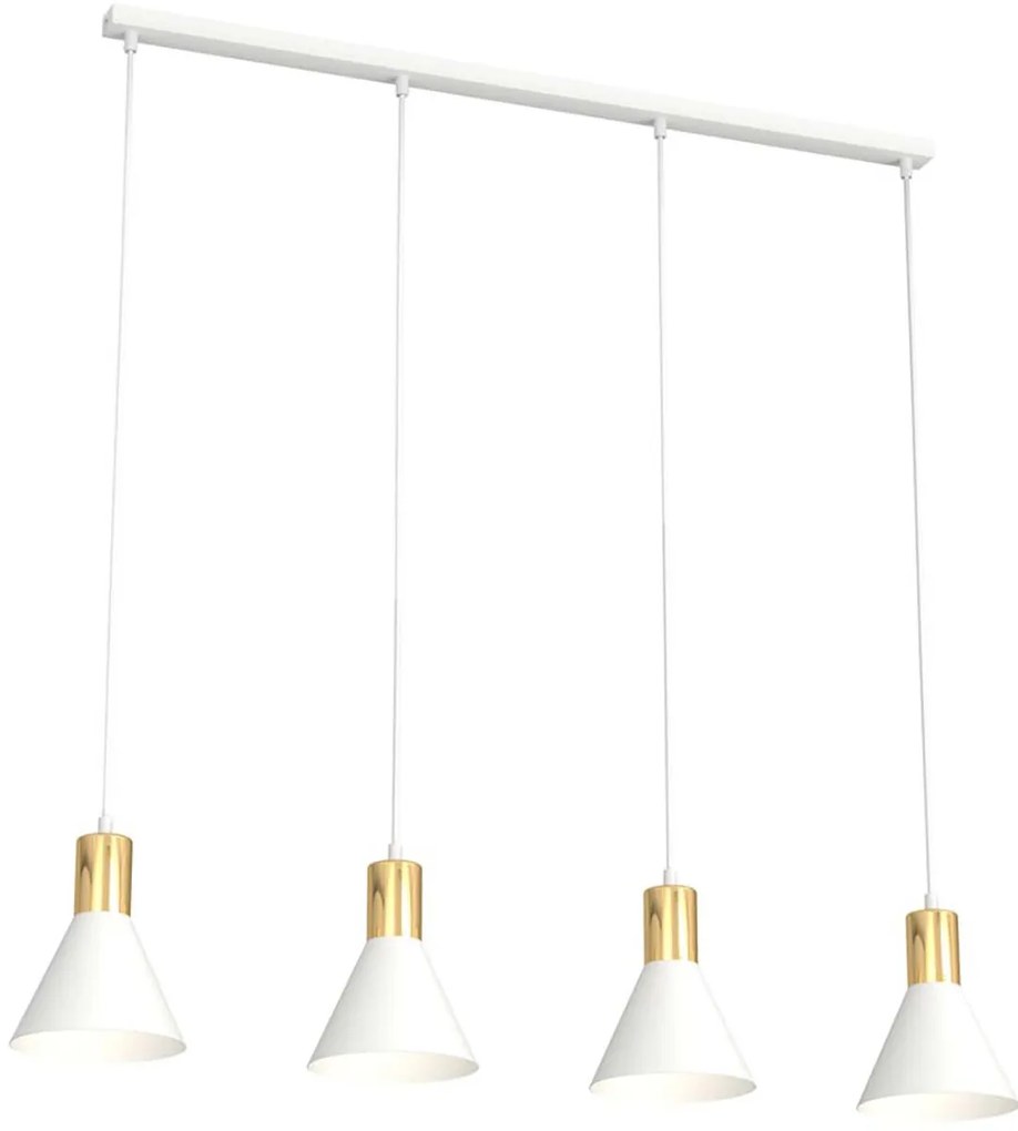 Lampadario 4 Luci Heimdall In Acciaio Bianco E Paralumi Conici Bianco E Oro