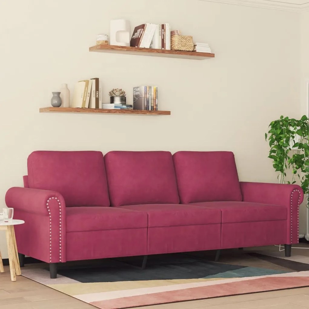 Divano A 3 Posti Rosso Vino 180 Cm İn Velluto /