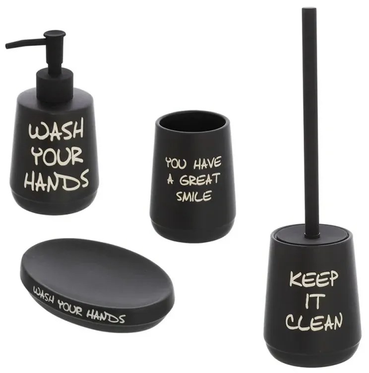 Set accessori linea Wash nero opaco con scritte completo di portascopino