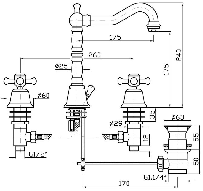 Batteria lavabo a tre fori con bocca girevole cromo Zucchetti Delfi 900 Z46353.8008