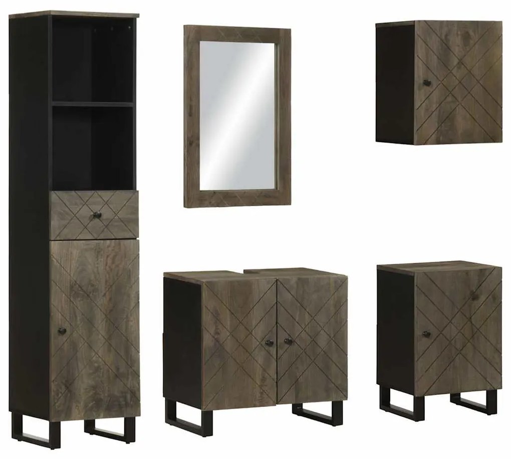 Set Mobili Da Bagno 5 Pz Nero İn Legno Massello Di Mango /