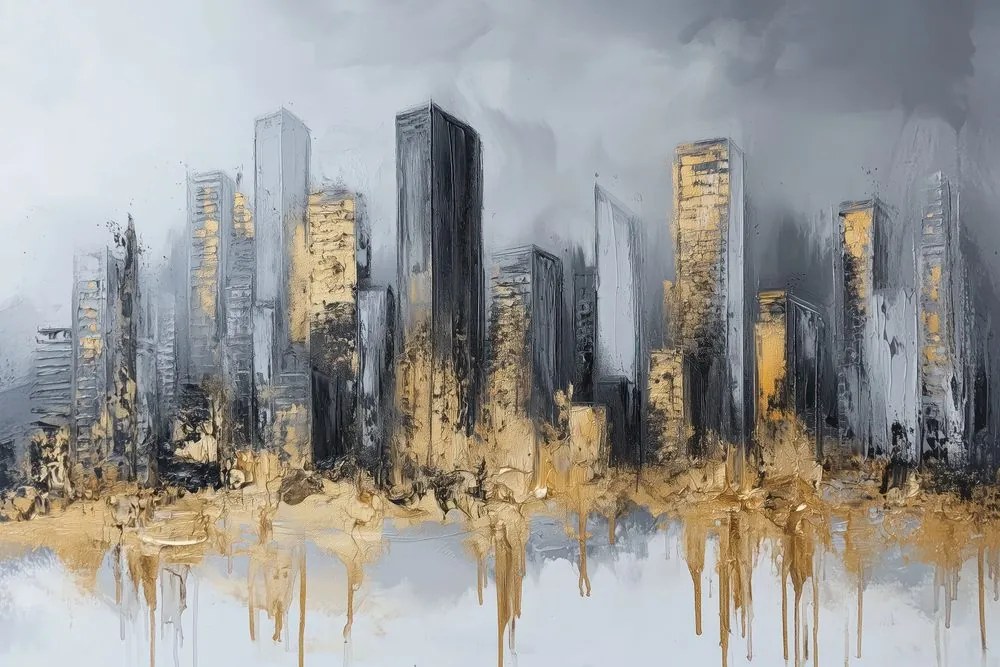 Quadro su tela – Panorama di grattacieli in oro e grigio