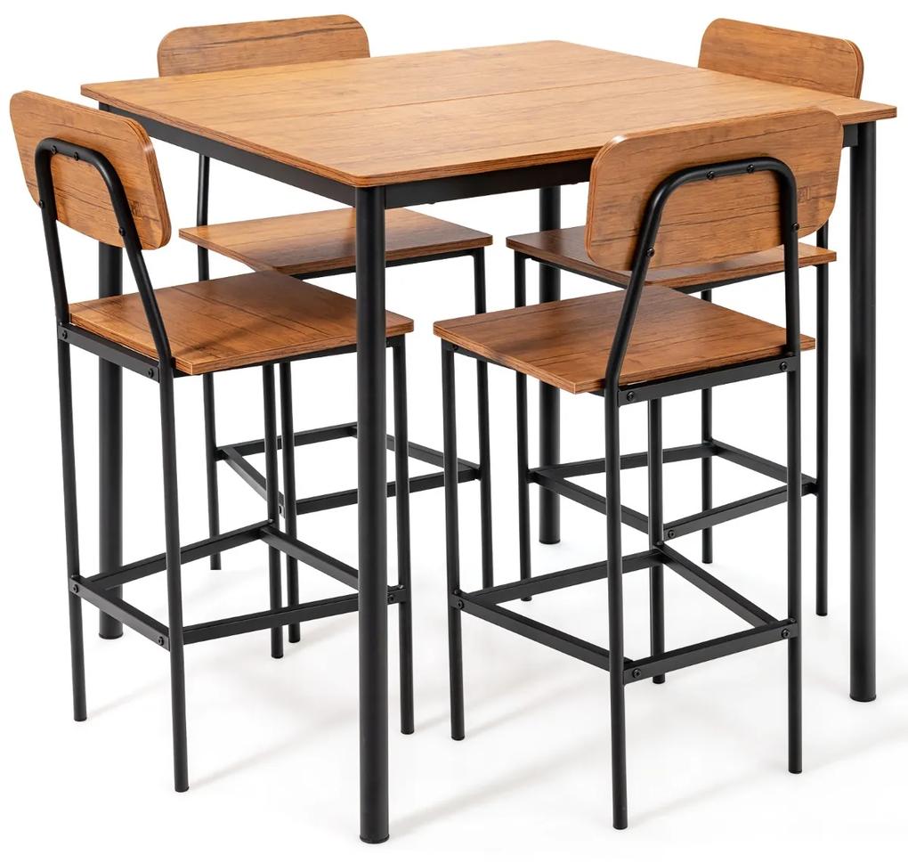 Costway Set di tavoli da pranzo e 4 sgabelli con poggiapiedi gambe in metallo, Set di tavolo da pranzo salvaspazio Noce
