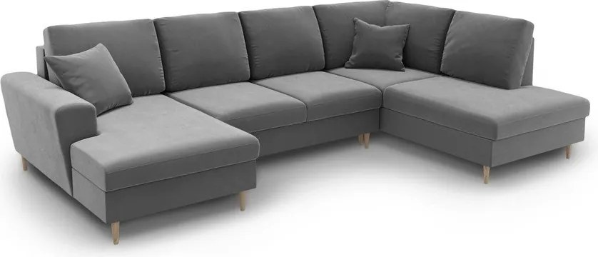 Divano angolare grigio chiaro allungabile e con contenitore (con penisola a destra/a U) con rivestimento in velluto Kyoto – Cosmopolitan Design