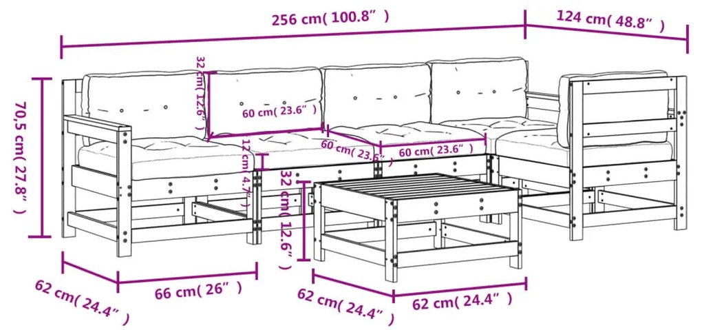 Set Divani da Giardino 6pz con Cuscini in Legno Massello Bianco