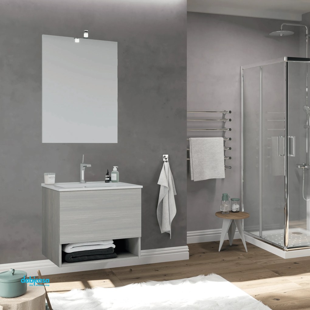 Mobile Bagno Sospeso "Oslo" Da 60 Cm Composto Da Un Cassetto Ed Un Vano a Giorno Lavabo E Specchio Con Lampada Led Finitura Rovere Grigio