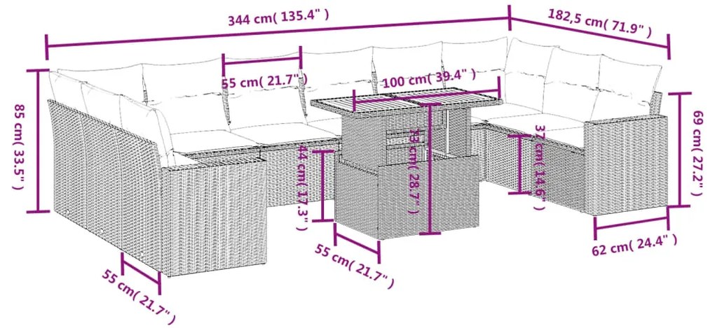 Set divani da giardino 11 pz con cuscini in polyrattan grigio