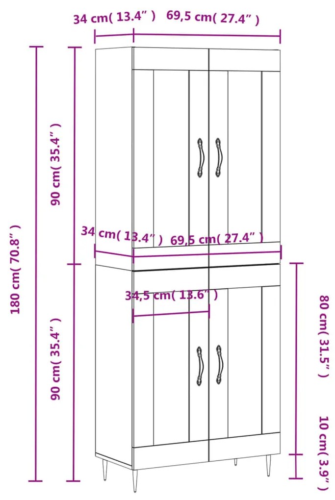 Credenza Bianca 69,5x34x180 cm in Legno Multistrato