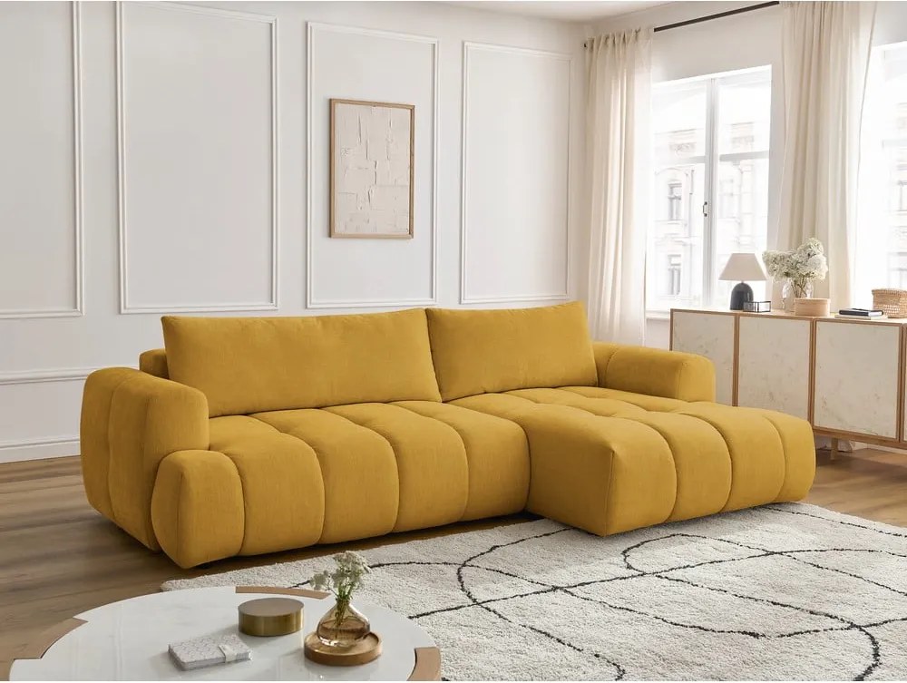 Divano angolare color senape allungabile e con contenitore (penisola a destra/chaise lounge) con rivestimento in ciniglia Fuji – Bobochic Paris