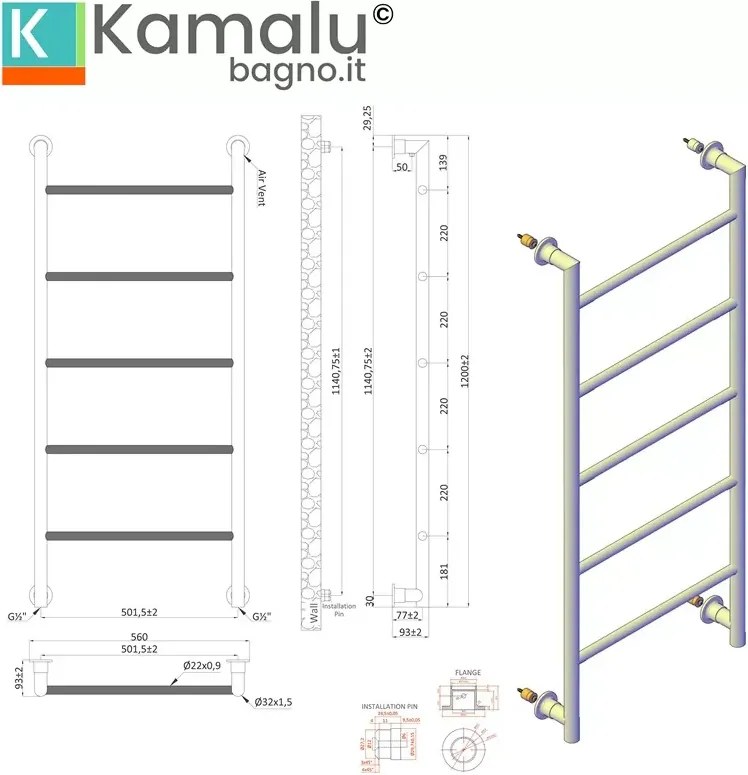 Termoarredo scalda salviette 1200x560mm colore bianco opaco KAM-D6012B - KAMALU