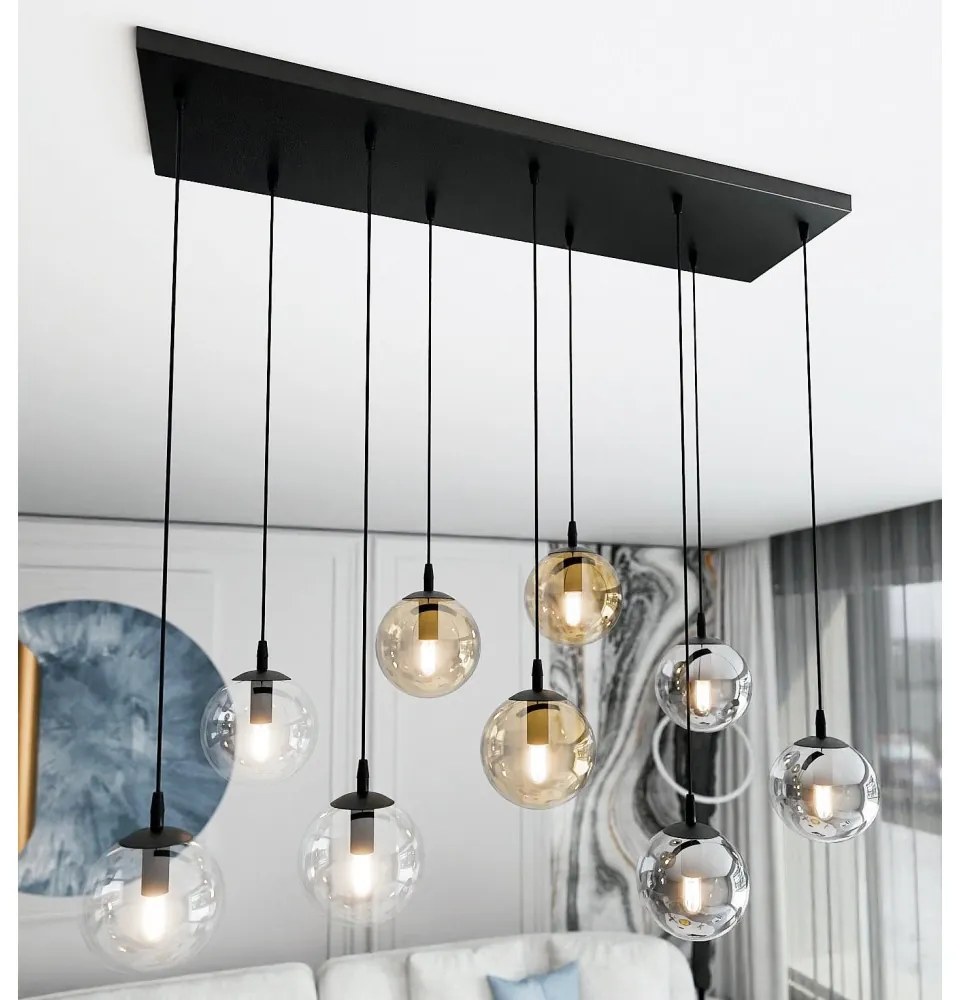 Lampadario a Sospensione in Acciaio e Vetro COSMO 9 Nero 9xE14 Colore delle Sfere Grafite, Trasparente, Ambrata