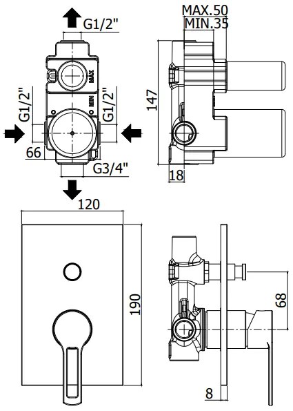 Paffoni Ringo RIN015NO/M Miscelatore doccia Monocomando ad incasso 2 uscite Con Piastra Acciaio Inox Nero Opaco