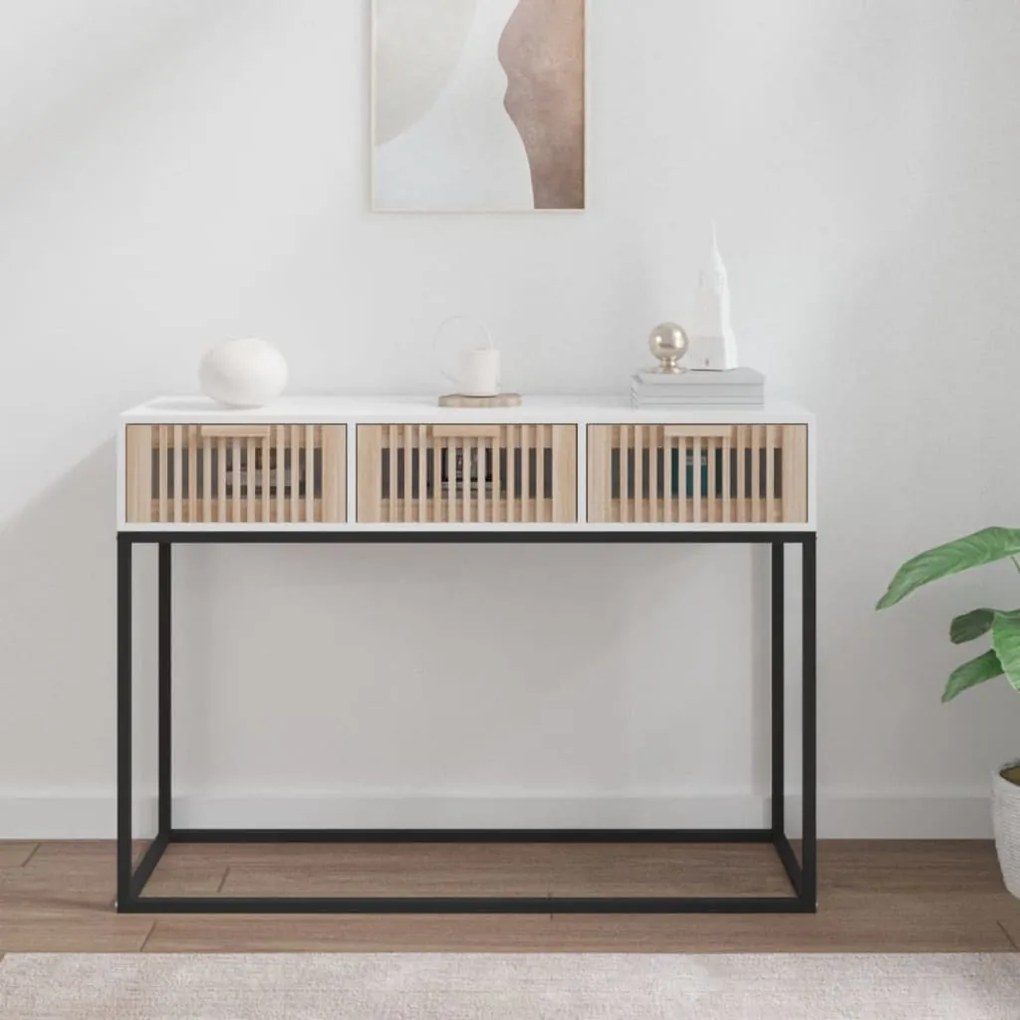 Tavolino Consolle Bianco 105x30x75 Cm Legno Multistrato E Ferro /