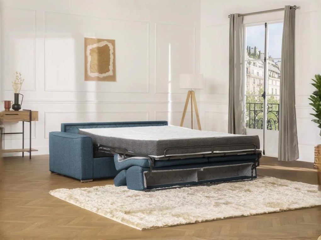 Divano letto 3 posti ribalta doghe larghe memory foam - Letto: 140cm x 16cm Tessuto Blu - VIZIR