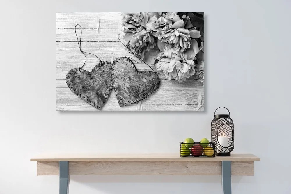 Stampa su tela – Peonie e cuoricini di betulla in bianco e nero